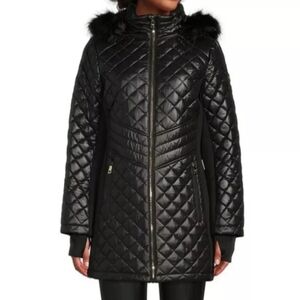 NWOT Michael Kors Hooded Quilted Mixed Media Faux Fur Trim Jacket Coat, Size M